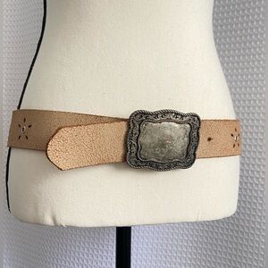 Women’s COLORI Y2K genuine leather Tan belt with big‎ buckle size medium